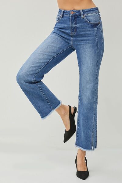 RISEN High Waist Raw Hem Slit Straight Jeans - Image 6