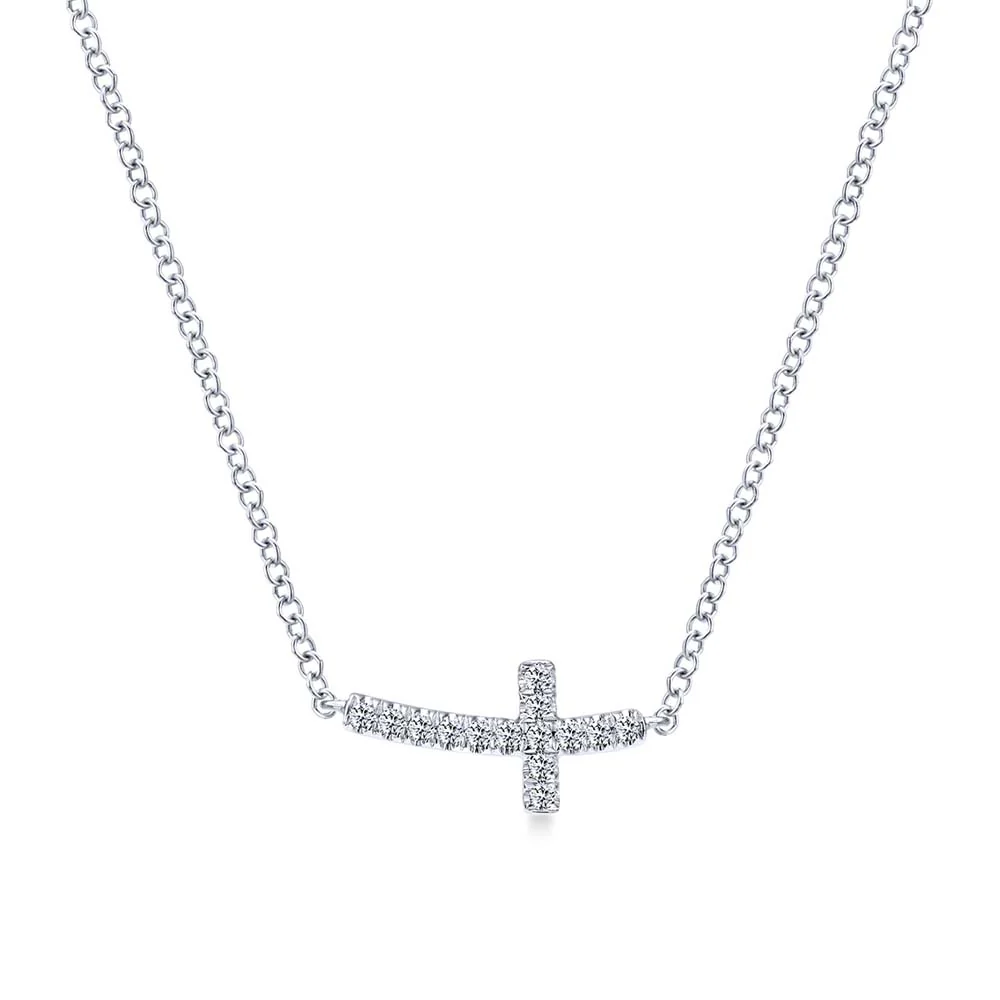 14K White Gold Diamond Curved Sideways Cross Necklace | Gabriel & Co. - Image 2