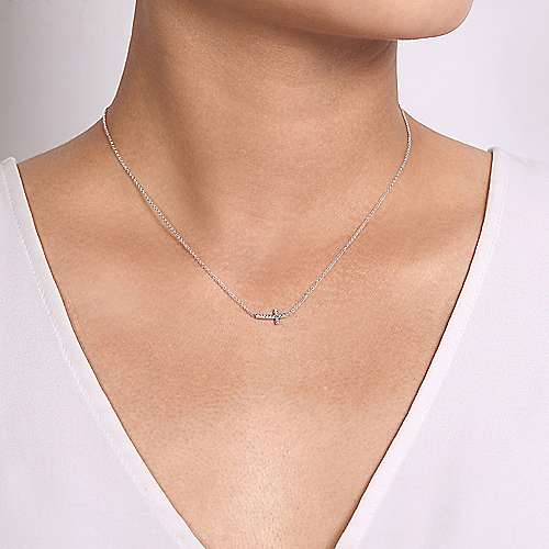 14K White Gold Diamond Curved Sideways Cross Necklace | Gabriel & Co. - Image 3