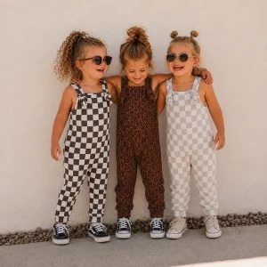 Ziggy Checkered Waffle Romper – Baby & Toddler Romper | Front Tie Straps- Black, Greige & cheetah